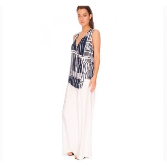 NWT C/MEO COLLECTIVE Night Air Top Navy Grid Geometric Stripe Wrap Blouse Small - Picture 2 of 8